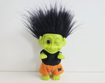 Vintage Russ Halloween Troll Doll, Green Skin, Black Hair, 5" Trolls, Frankenstein Monster Zombie