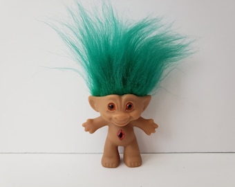 Vintage Ace Novelty Treasure Troll Doll, Green Hair, Red Diamond Jewel, Orange Eyes, 3" Trolls