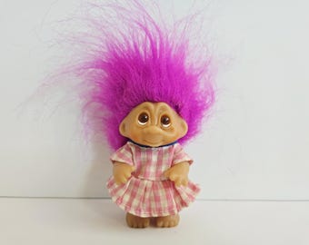 Vintage Dam Troll Doll, Purple Hair, Original Clothes, 3" Trolls