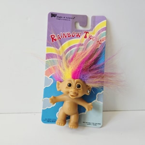 Vintage Bright of America Treasure Troll Doll Rainbow Hair Heart Jewel Earring Wishstone Trolls 3&quot; Trolls, NOS on Card