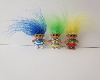 Lot of Troll Dolls, Vintage Ace Novelty Treasure Troll Dolls, Green, Blue, Yellow Hair, Jewel Belly, Wishstone Trolls 1"