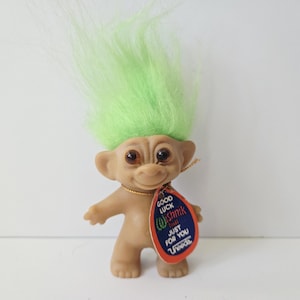 Vintage Wishnik Troll Doll, Uneeda, Double Horseshoe, Green Hair, 3" Trolls, NOS With Tag