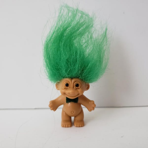 Broche de muñeco troll de Russ vintage, pelo verde, joyas de troll, broche divertido