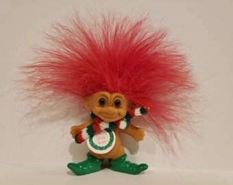 Muñeca troll Russ vintage, elfo navideño, troll de pelo rojo, 3" con etiqueta colgante