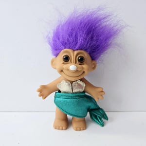 Vintage Russ Troll Doll, Mermaid Troll, Rainbow Purple Hair, 5&quot; Trolls