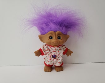 Vintage Ace Novelty Treasure Troll Doll, Purple Hair, Blue Eyes, Purple Circle Jewel Wishstone, 5" Trolls