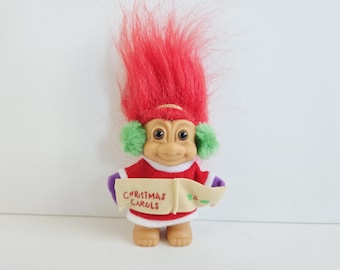 Muñeca troll navideña vintage de Russ, niña villancica, pelirroja, trolls de 7,6 cm