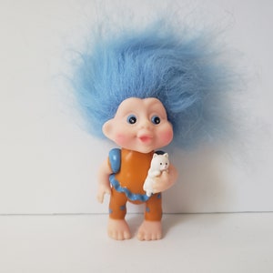 Vintage Troll Doll Holding a Kitty Cat Blue Hair Trolls 3