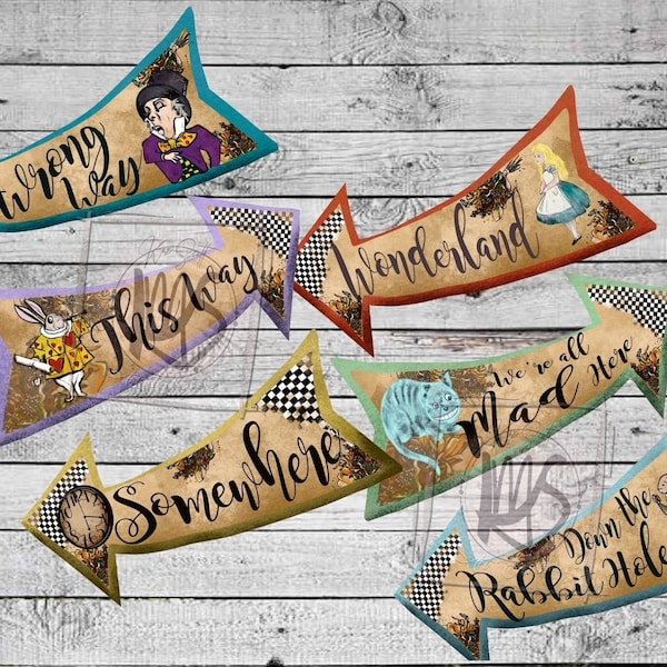 Alice in Wonderland Direction Arrows Party Printable vintage Instant Download Gift Tags, Birthday, Wedding, Baby Shower, Tea Party