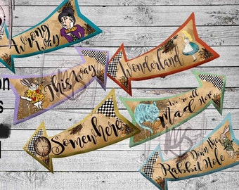 Alice in Wonderland Direction Arrows Party Printable vintage Instant Download Gift Tags, Birthday, Wedding, Baby Shower, Tea Party