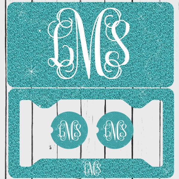 Aqua Glitter, Personalized License Frame, Monogram, Car Coasters, Front Plate,License plate car tag set (NOT ACTUAL GLITTER)