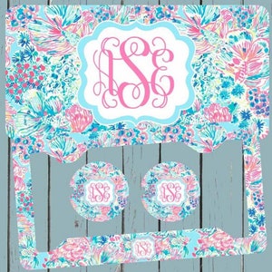 Pink and Blue Floral Car Tag, Monogrammed License Plate, Personalized License Plate Frame, Monogram Car Coasters, Gift for her