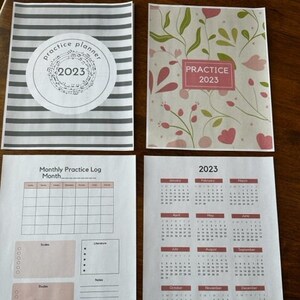 Könnte beinhalten: Druckbarer Übungsplaner mit floralem Design, gestreiftem Cover, monatlichem Übungsprotokoll und Kalender für 2023. Der Text "Practice 2023" befindet sich auf dem floralen Cover.