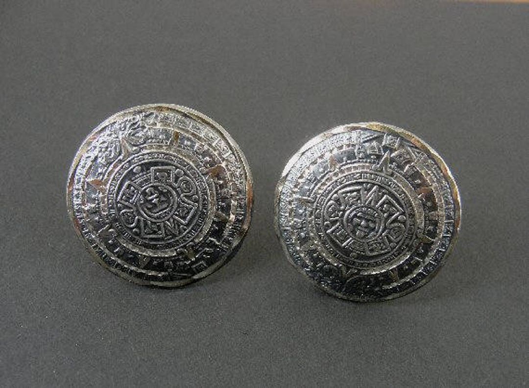 Boutons De Manchette Vintage Mexique - Argent Sterling Plamex - Motif Calendrier Aztèque - Occasion