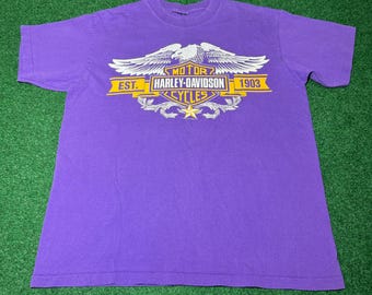 Vintage Harley Davidson T-shirt uit de jaren 90, paars, 3D-embleem, enkel gestikt, 1991, maat Medium