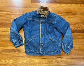 70s Wrangler denim jacket Sherpa coat rare vintage 80s jean kids youth size 10 medium old school