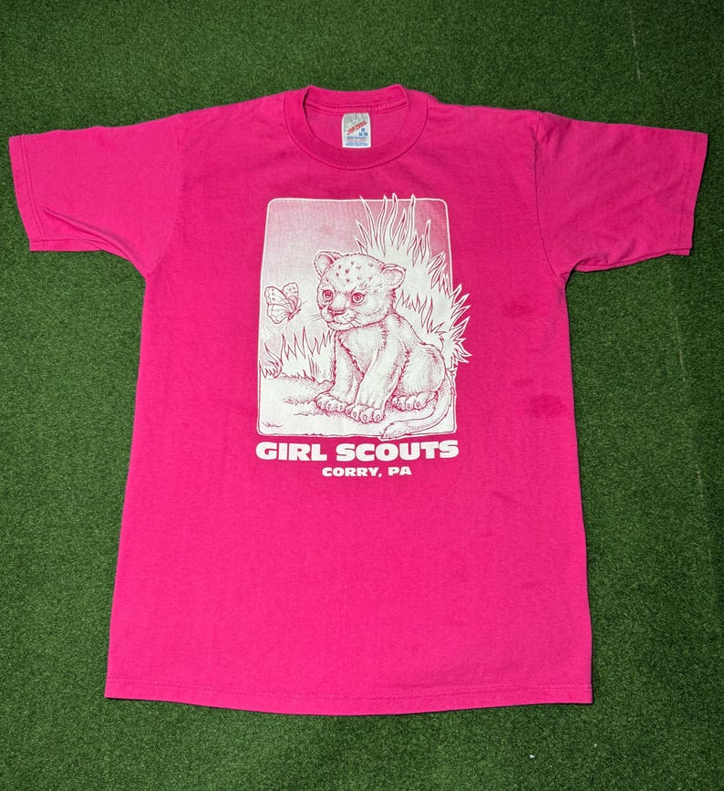 May include: Pink t-shirt with a white graphic of a baby lion with a butterfly. The text "GIRL SCOUTS" and "CORRY, PA" is printed below the image.