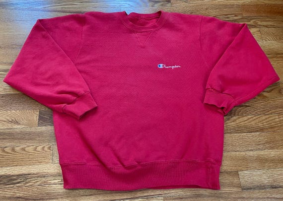 80s 90s Champion Reverse Weave Vintage Crewneck Sweater Sweatshirt Shirt Perfectly Distressed Embroidered Hip Hop Rap Tee Oversized Red Etsy