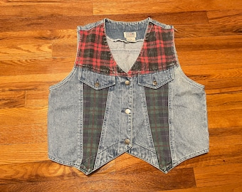 incredible 90s Stefano International brand vintage denim vest Jean jacket flannel plaid grunge as hell panels retro hipster fashion punk 80s