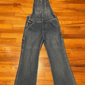 90s Tommy Hilfiger vintage overalls rare retro hipster old school designer fashion hip hop change the rapper rap tee denim pants jeans htf