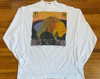 90s Torro Del Indio Buffalo Spanish painting art t-shirt rare vintage long sleeve 1992 Rafael Saldana Mexico large