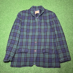 Vintage 70s Pendleton Plaid Blazer, Wool Suit Jacket Green Fancy (Size 12)
