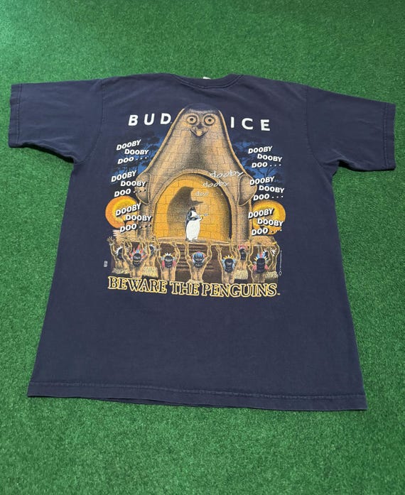 Vintage 90s Budweiser Bud Ice T-shirt, Penguins Drunk Beer Novelty (Large)