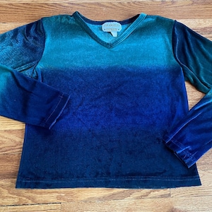 super unique 80s multi colors blue velvet long sleeve t-shirt Los Angeles Express brand soft polyester disco punk new wave costume grunge