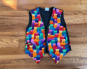 hilarious and amazing 90s Cat pop art style silky vest adjustable string youth small size throwback old school weird colorful kitten dog