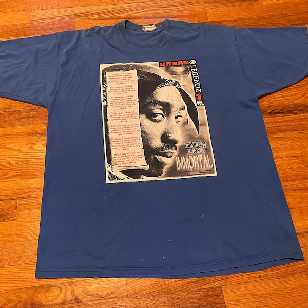 insane early 00s/late 90s Tupac rare t-shirt vintage XXL 2XL blue distressed urban legendz vol. 1 thug life immortal 2pac hip hop rap tee