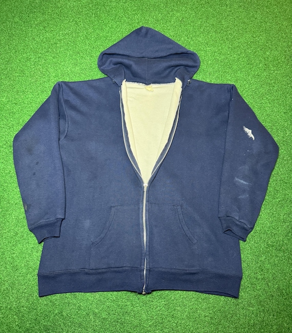 70s Navy Blue Zip up Hoodie Thermal Lined True Vintage Rare