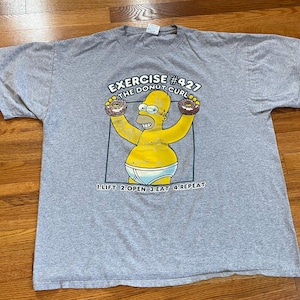 90s/y2k The Simpsons Homer Simpson vintage t-shirt rare XL grey donut curl exercise hilarious joke cartoon fox tv show
