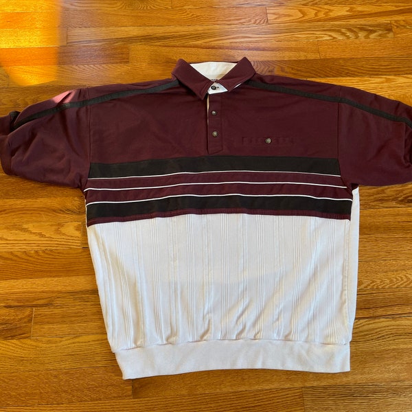 unique des années 80 / 90 grand-père polo à manches courtes chemise à manches courtes 70s chic vieux homme costume texturé colorblock LD Sport International col unique en son genre