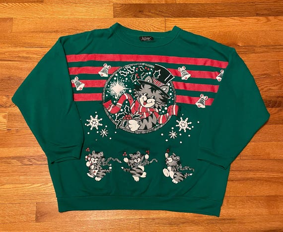Vintage 90's Christmas Cats Kittens Red Retro Sweatsh… - Gem