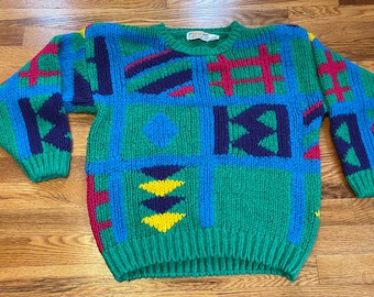 80s New Wave Sweater, Geometric Abstract Design, Size Small