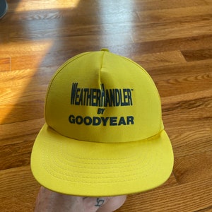 80s WeatherHandler by Goodyear vintage yellow snapback hat baseball cap cars nascar Indy 500 unique throwback dad fashion classic 90s cool