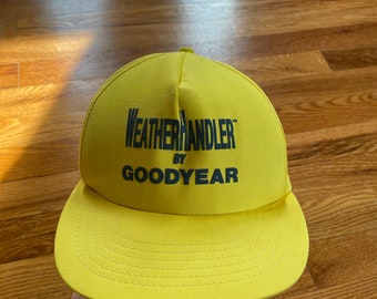 80s WeatherHandler by Goodyear vintage yellow snapback hat baseball cap cars nascar Indy 500 unique throwback dad fashion classic 90s cool