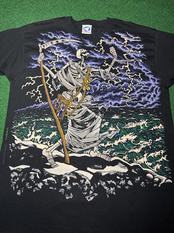 HOLY GRAIL Vintage 90s Liquid Blue Death T-shirt, Seventh Seal All Over Print XL View 2