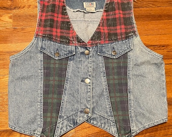 90年代ヴィンテージデニム＆チェック柄ベスト - グランジフランネルジーンズジャケット