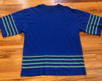 90s I.O.U. brand vintage striped t-shirt embroidered logo awesome bugle boy guess retro trendy bad ass blue iou 90s party fashion original