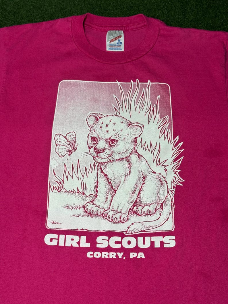 May include: Pink t-shirt with a white graphic of a baby lion cub looking at a butterfly. The graphic is surrounded by grass and the text "GIRL SCOUTS CORRY, PA" is below the graphic.