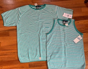 awesome deadstock cashmere two piece set 1991 Dockers Levi’s vintage t-shirt and undershirt tank top striped medium 90s original cute fun