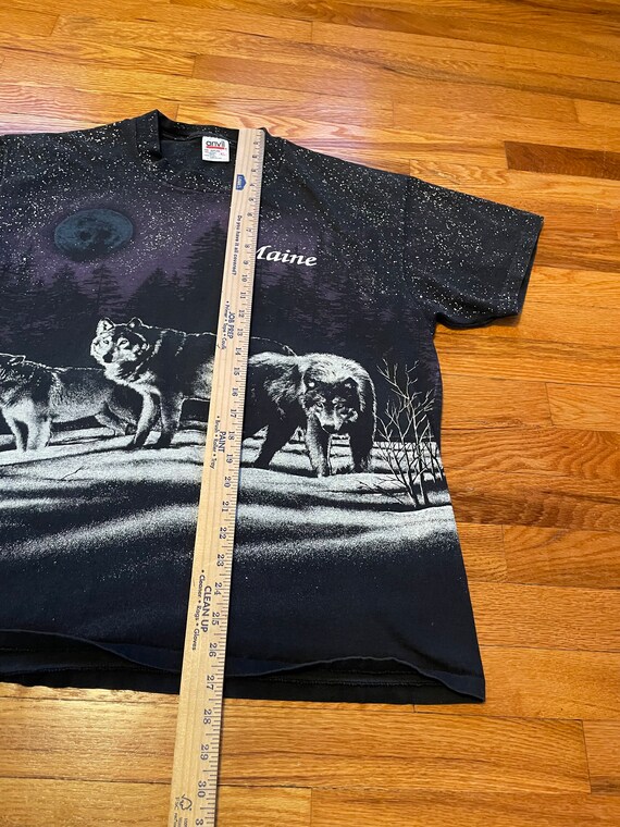 90s All Over Print Wolf T-shirt Rare Moon Maine XL Black 90s All Over Print Wolf T-shirt Rare Moon Maine XL Black