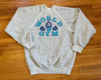 80s World Gym vintage crewneck sweatshirt cute youth medium grey double sided weight lifting gorilla