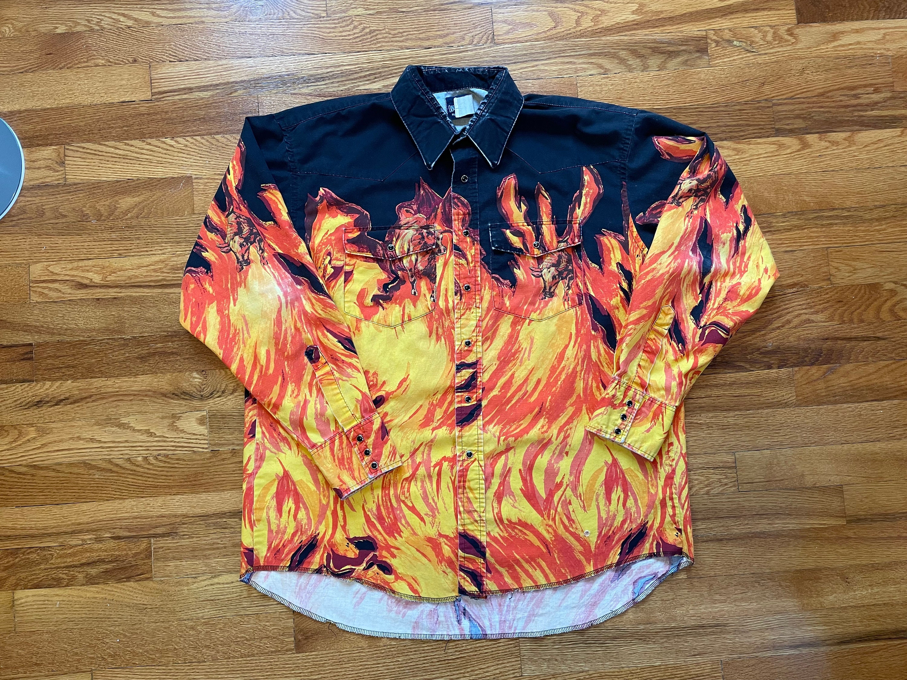 Vtg Y2K Fire Flame Button up Shirt 90s 80s Vintage Retro Old 
