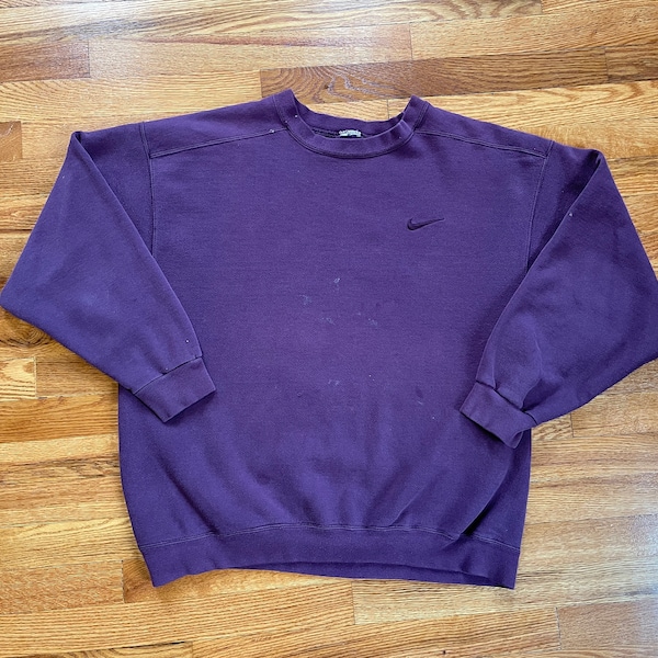 PERFECT distressed worn to perfection 90s Nike embroidered crewneck sweatshirt sweater shirt oversized XL purple streetwear swoosh logo 80s