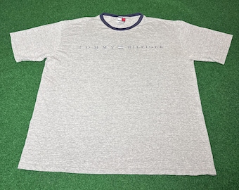 Vintage Tommy Hilfiger T-shirt uit de jaren 90, iconische preppy print met grijze rand (XXL)