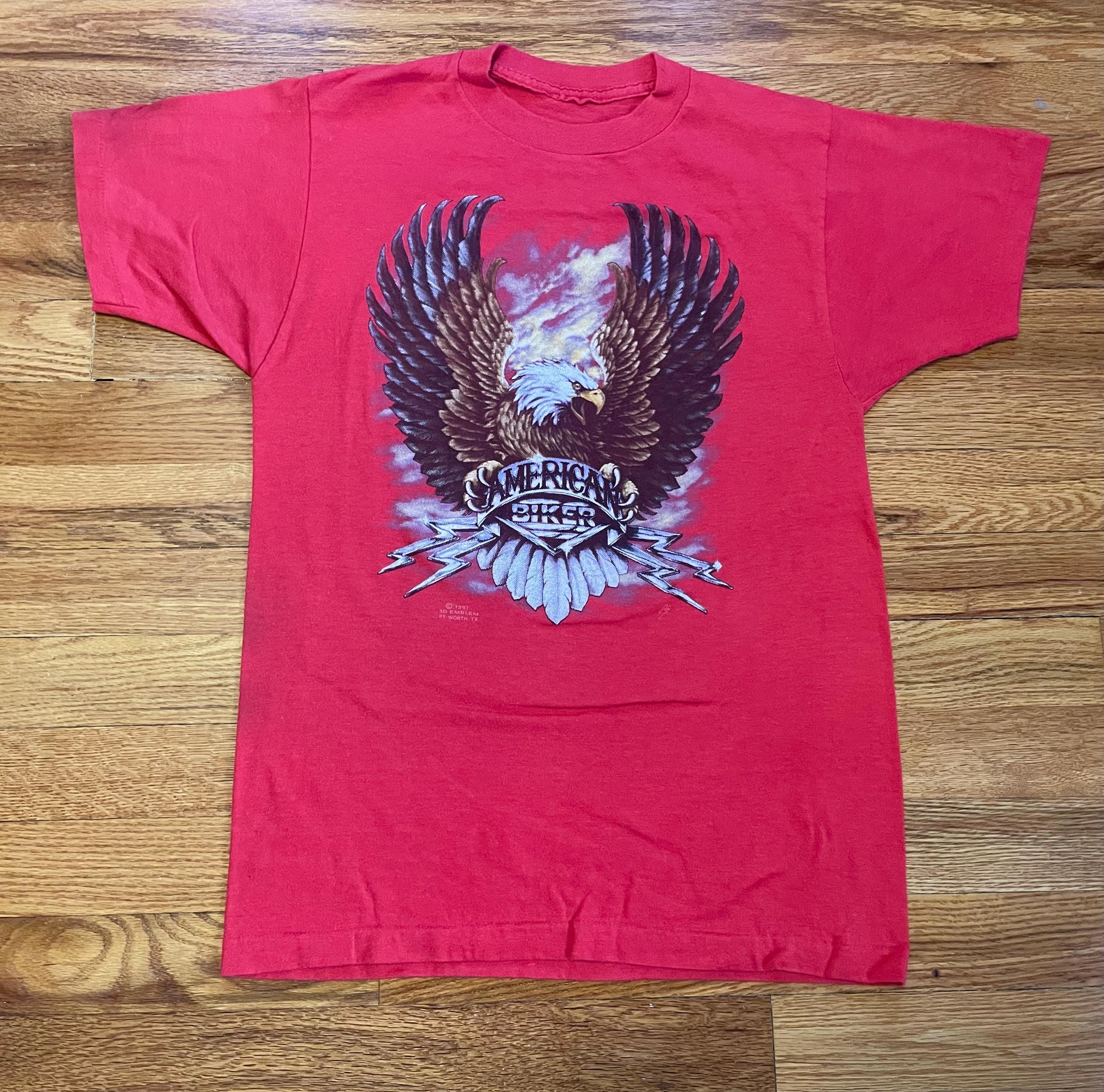 1987年製ヴィンテージアメリカンバイカーTシャツ、3Dエンブレム 