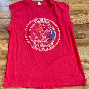 80s Florida “Sun & Fun” vintage sleeveless t-shirt rare screen stars best tag soft summer beach Atlantic Ocean Disneyland Miami dolphins