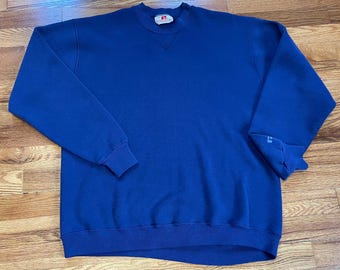Russell Athletic effen marineblauwe sweatertrui met ronde hals uit de jaren 80, jaren 90 XL minimalistische hypebeast streetwear